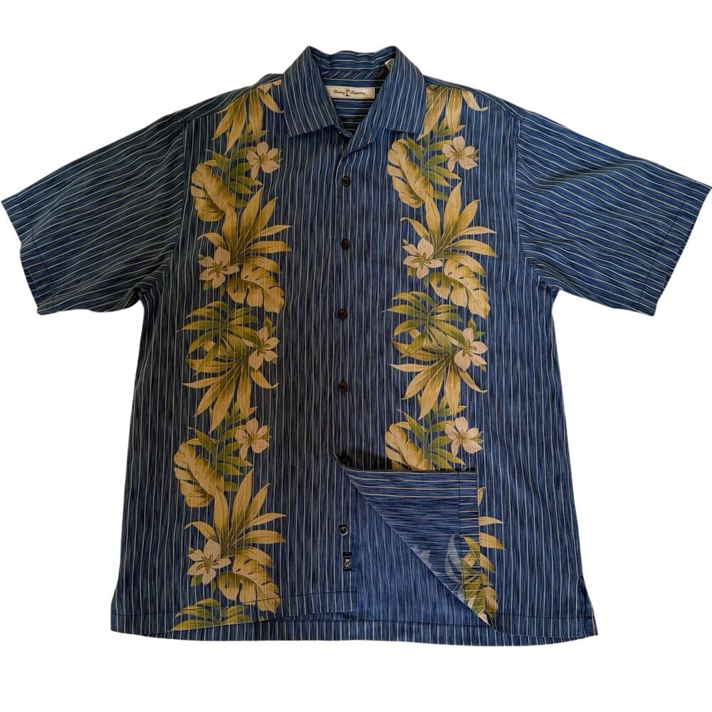 Vintage Tommy Bahama Hawaiian Camp Shirt Blue Stripe Floral Tencel Men’s L